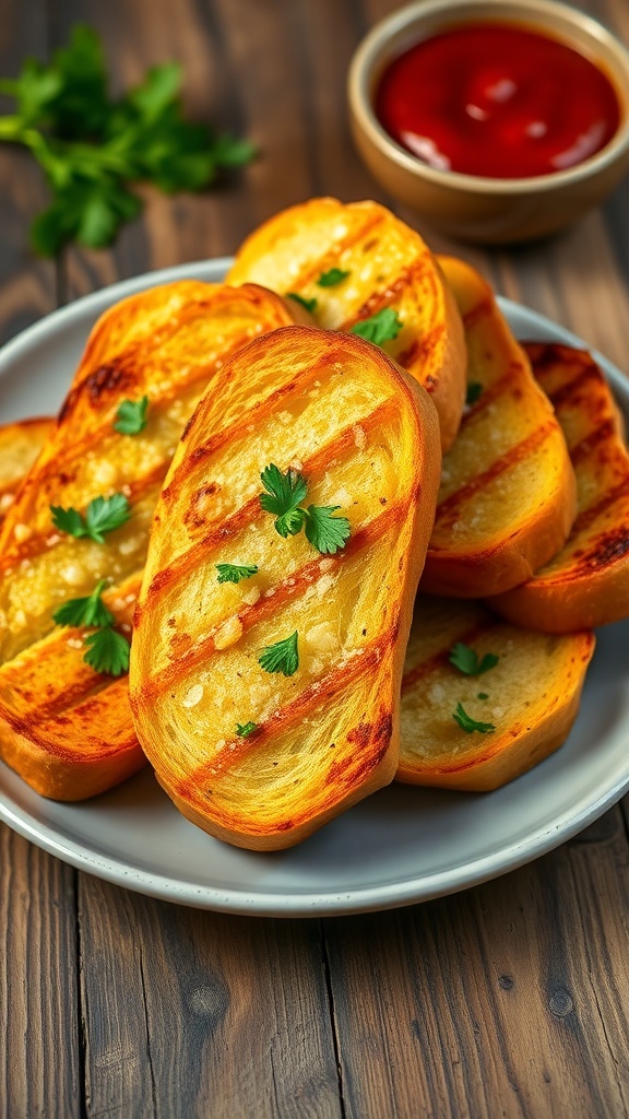 Grilled Garlic Bread Recipe Golden grilled garlic bread with crispy edges, garnished with parsley, served with marinara sauce on a rustic table.